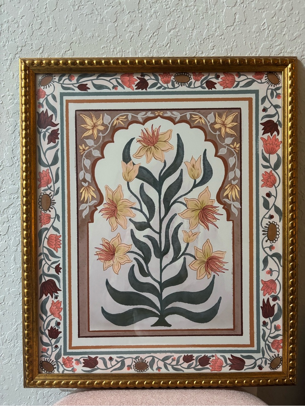Floral Botanical Wall Art Print in Green and Yellow - Gold Frame
